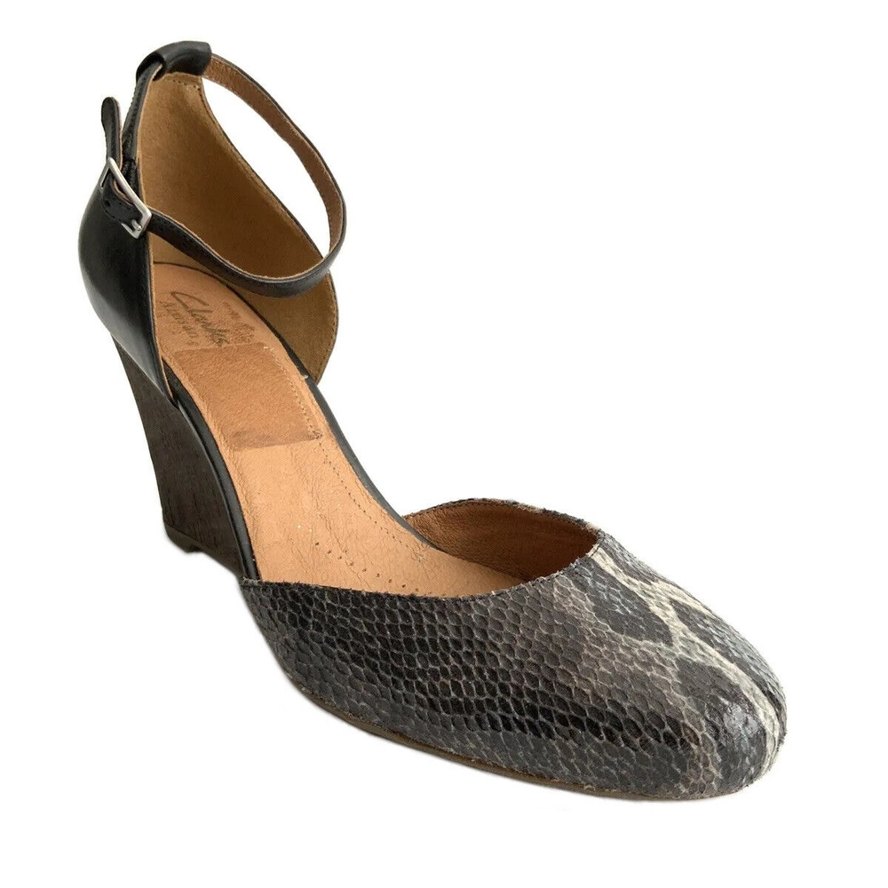 Clarks Artisan Leather Animal Print Ankle Strap Wedge Heels 9.5